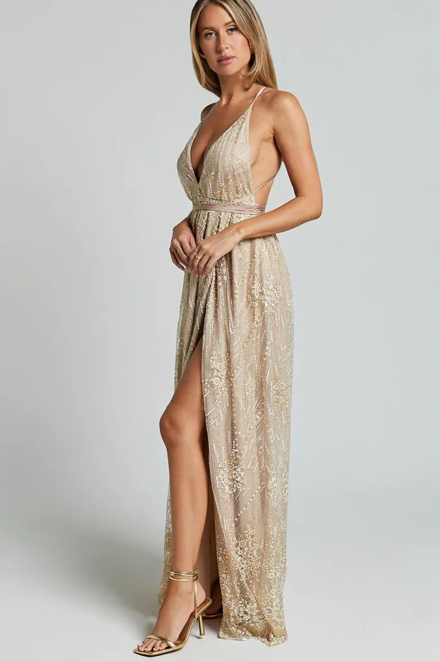New York Nights Maxi Dress 8211 Sequin Plunge Cross Back Dress In Gold Women Showpo Curve Clothes