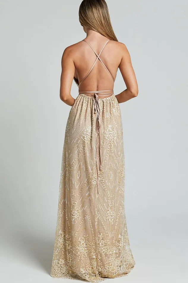 New York Nights Maxi Dress 8211 Sequin Plunge Cross Back Dress In Gold Women Showpo Curve Clothes