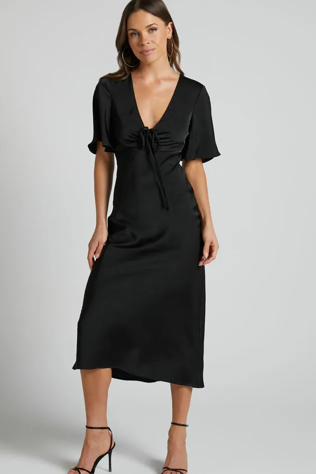 Nicholla Midi Dress 8211 Ruched Front Angel Sleeve Slip Dress In Black Women Showpo Curve Clothes Nicholla Midi Dress 8211 Ruched Front Angel Sleeve Slip Dress In Black Women Showpo Curve Clothes