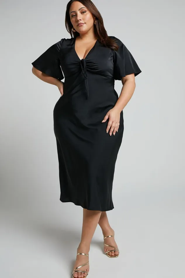 Nicholla Midi Dress 8211 Ruched Front Angel Sleeve Slip Dress In Black Women Showpo Curve Clothes