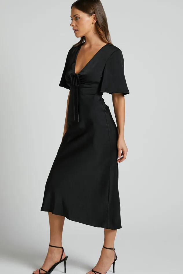 Nicholla Midi Dress 8211 Ruched Front Angel Sleeve Slip Dress In Black Women Showpo Curve Clothes