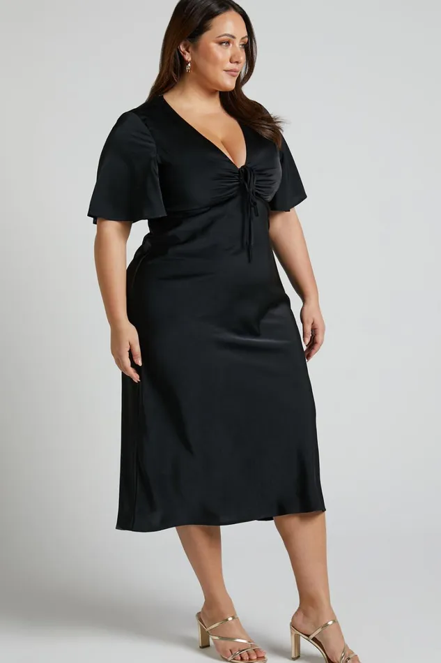 Nicholla Midi Dress 8211 Ruched Front Angel Sleeve Slip Dress In Black Women Showpo Curve Clothes