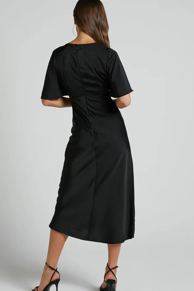 Nicholla Midi Dress 8211 Ruched Front Angel Sleeve Slip Dress In Black Women Showpo Curve Clothes