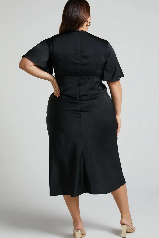 Nicholla Midi Dress 8211 Ruched Front Angel Sleeve Slip Dress In Black Women Showpo Curve Clothes
