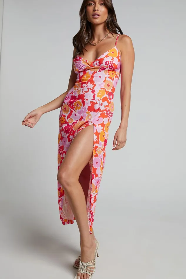 Nikoletta Midi Dress 8211 Linen Look Bias Cut Split Front Dress In Flower Power Women Showpo Curve Clothes