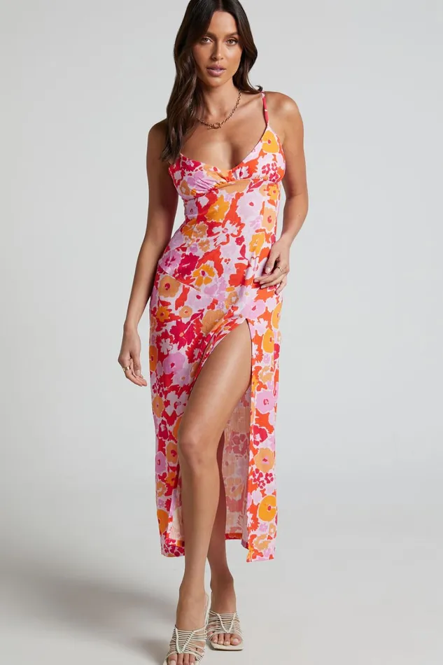 Nikoletta Midi Dress 8211 Linen Look Bias Cut Split Front Dress In Flower Power Women Showpo Curve Clothes