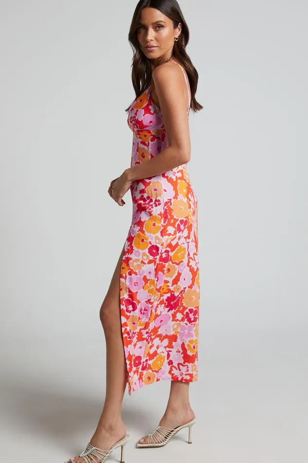 Nikoletta Midi Dress 8211 Linen Look Bias Cut Split Front Dress In Flower Power Women Showpo Curve Clothes