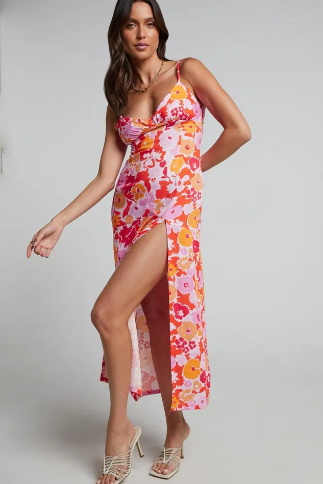 Nikoletta Midi Dress 8211 Linen Look Bias Cut Split Front Dress In Flower Power Women Showpo Curve Clothes