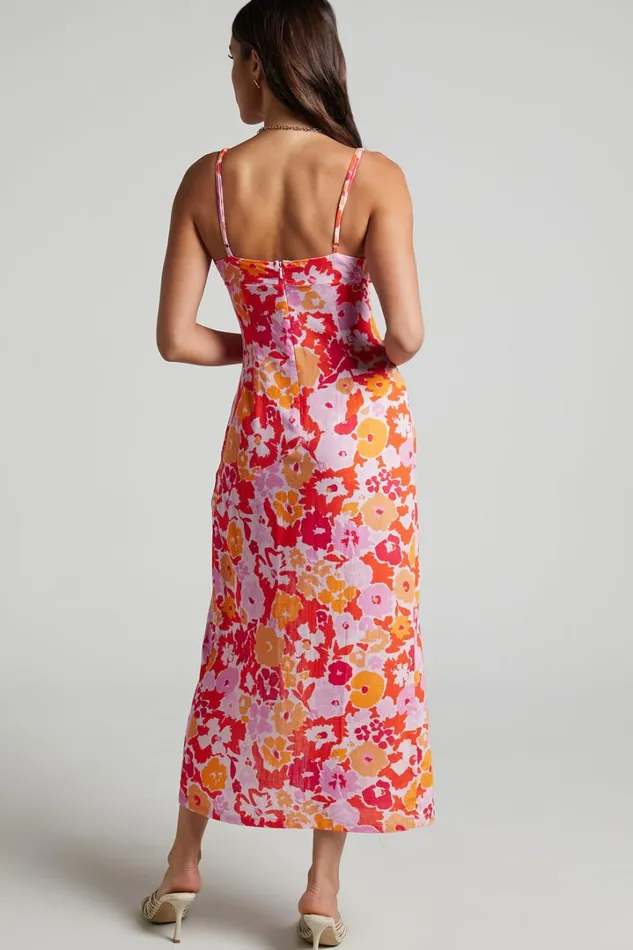 Nikoletta Midi Dress 8211 Linen Look Bias Cut Split Front Dress In Flower Power Women Showpo Curve Clothes