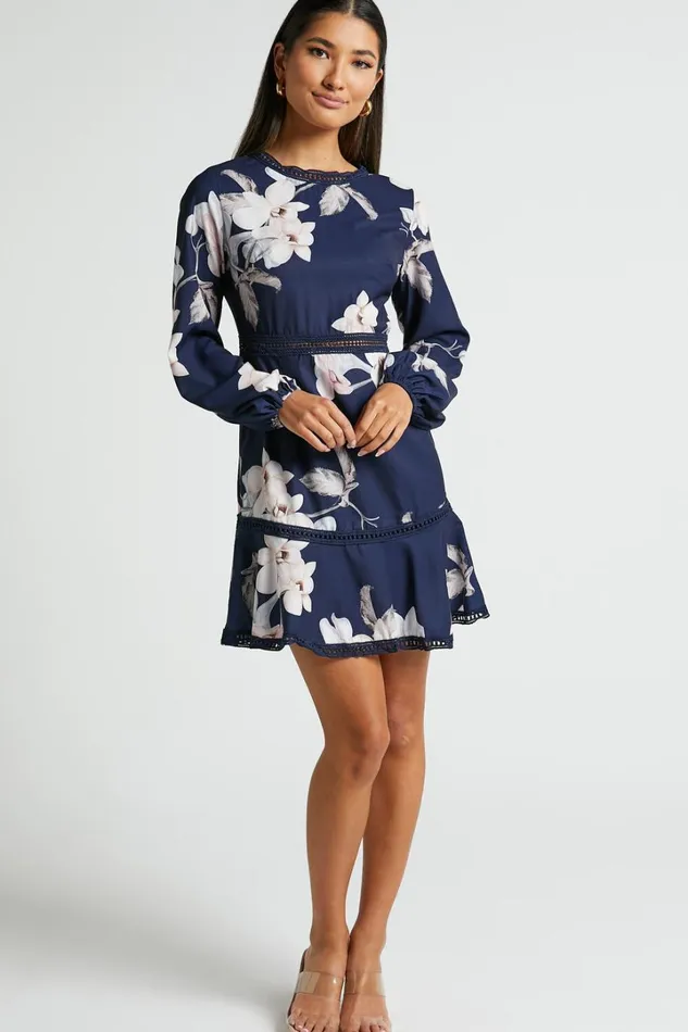Not Missing Out Mini Dress 8211 Long Puff Sleeve Dress In Navy Floral Women Showpo Dresses