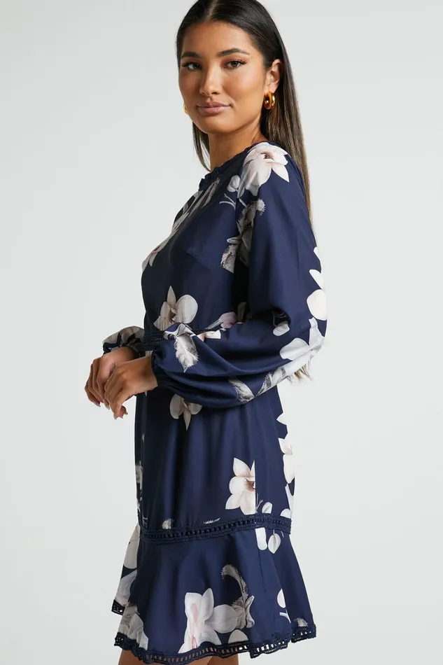 Not Missing Out Mini Dress 8211 Long Puff Sleeve Dress In Navy Floral Women Showpo Dresses