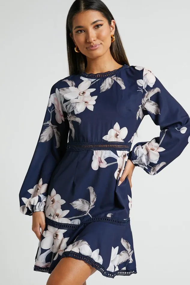 Not Missing Out Mini Dress 8211 Long Puff Sleeve Dress In Navy Floral Women Showpo Dresses