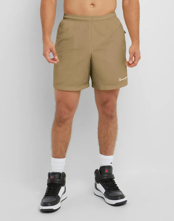 Nylon WarmUp Shorts With Mesh Liner Script Logo 6034 Whole Wheat Khaki Men Champion Shorts