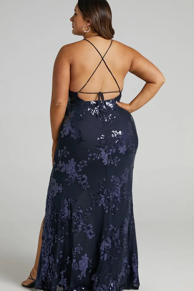 Out Till Dawn Maxi Dress 8211 Thigh Split Dress In Navy Sequin Women Showpo Curve Clothes