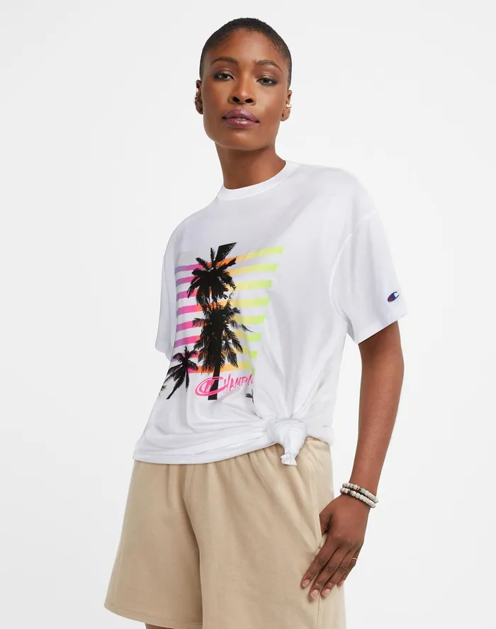 Oversized Jersey TShirt Palm Tree Graphic White Women Champion TShirts and Tops
