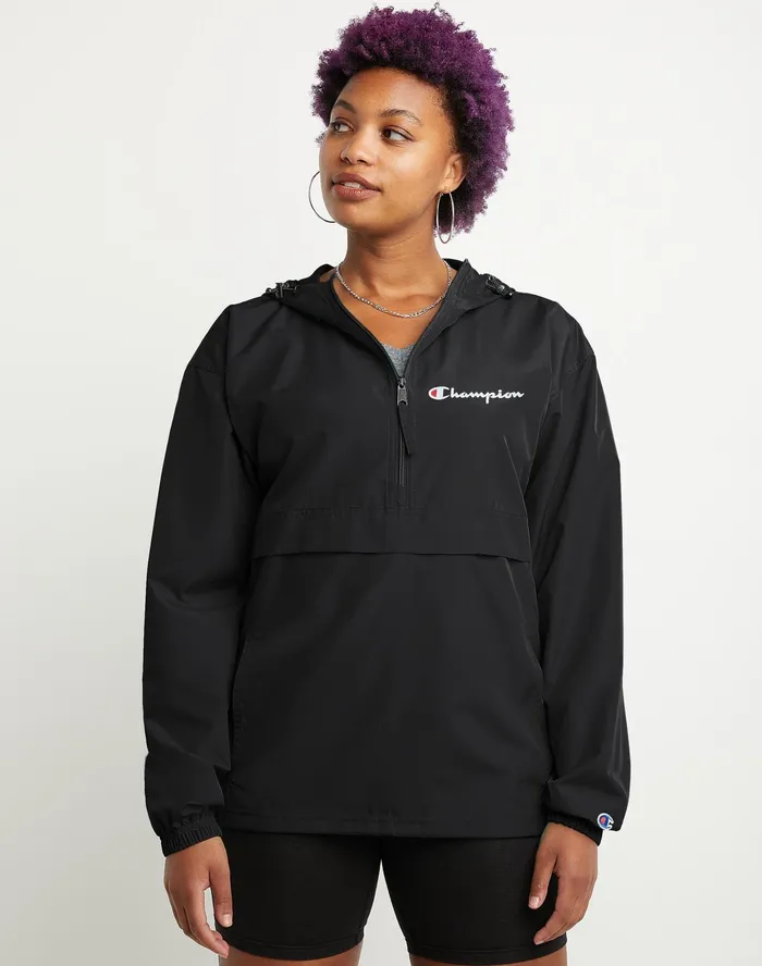 Packable Jacket Classic Script Black Women Champion Jackets
