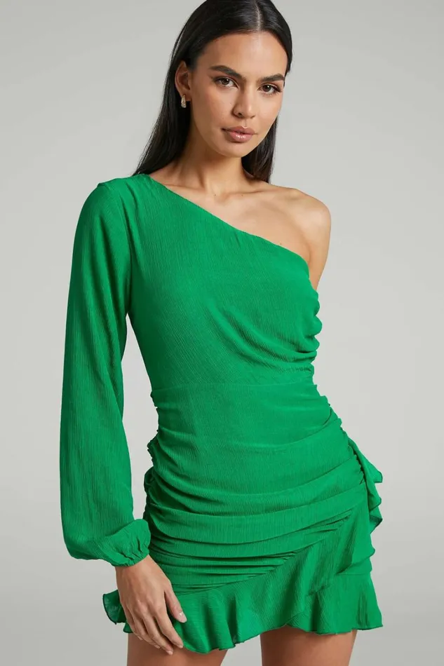 Paige Mini Dress 8211 One Shoulder Frill Hem Wrap Skirt Dress In Green Women Showpo Dresses Paige Mini Dress 8211 One Shoulder Frill Hem Wrap Skirt Dress In Green Women Showpo Dresses