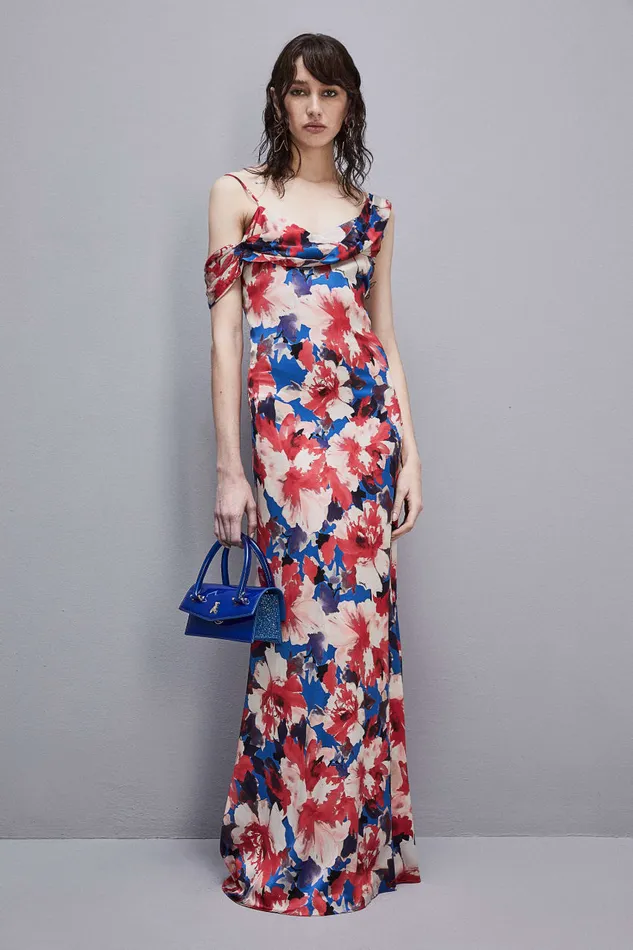 Patrizia Pepe Asymmetrical Neckline Dress In Viscose Satin Hybridroseflower Apparel Long