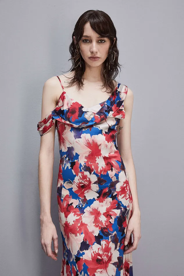 Patrizia Pepe Asymmetrical Neckline Dress In Viscose Satin Hybridroseflower Apparel Long
