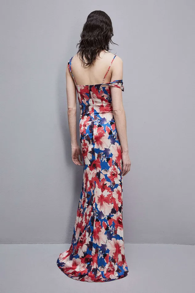 Patrizia Pepe Asymmetrical Neckline Dress In Viscose Satin Hybridroseflower Apparel Long