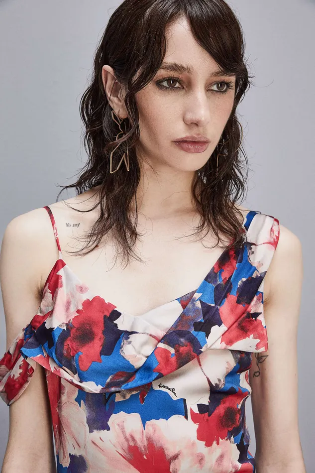 Patrizia Pepe Asymmetrical Neckline Dress In Viscose Satin Hybridroseflower Apparel Long