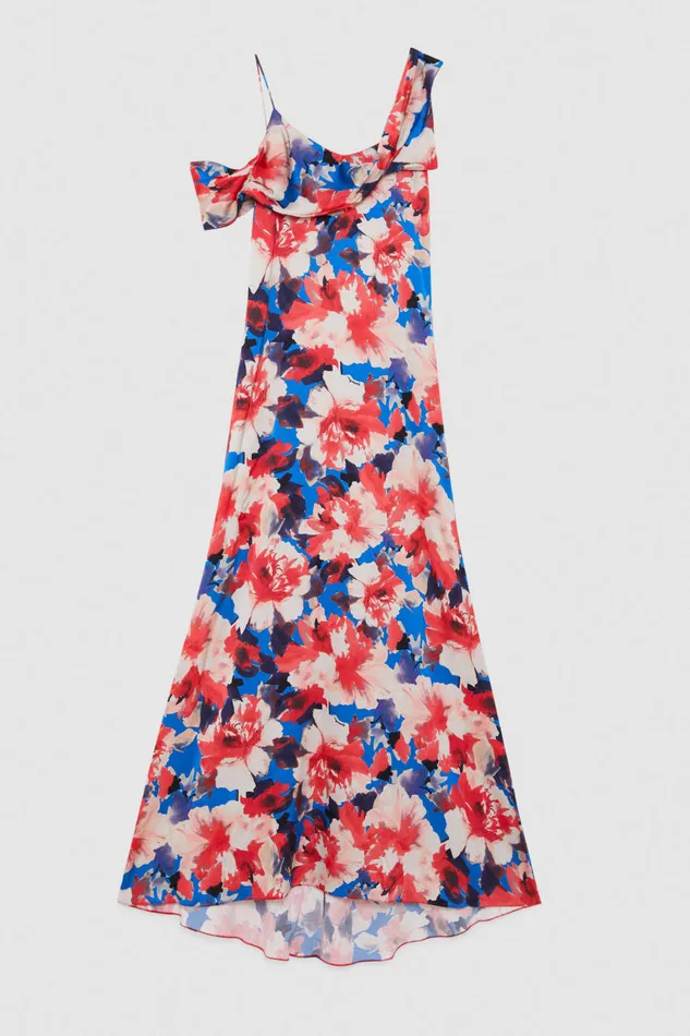 Patrizia Pepe Asymmetrical Neckline Dress In Viscose Satin Hybridroseflower Apparel Long