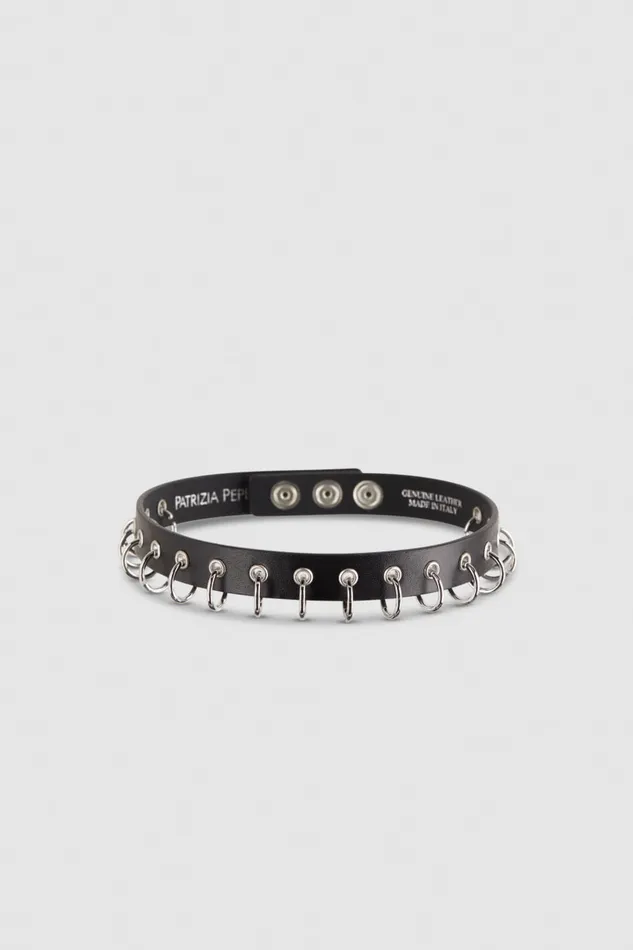 Patrizia Pepe Black Leather Choker With Rings Black Nero Accessories