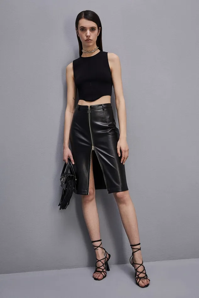 Patrizia Pepe Coated Fabric Midi Skirt Black Nero Apparel Midi