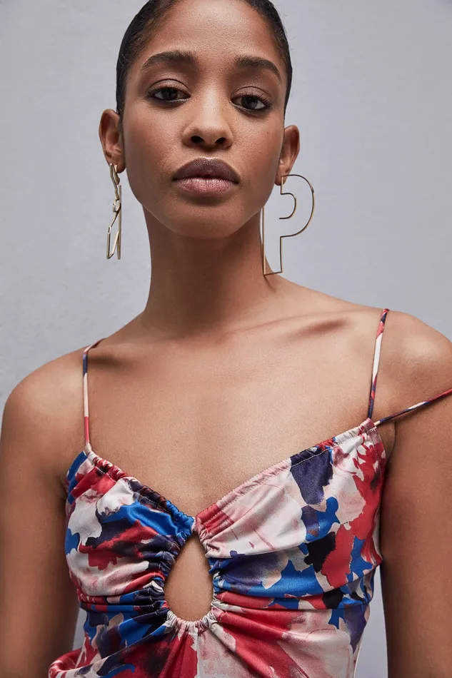 Patrizia Pepe Cutout Top With Straps In Viscose Satin Hybridroseflower Apparel Tops