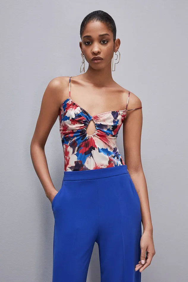 Patrizia Pepe Cutout Top With Straps In Viscose Satin Hybridroseflower Apparel Tops