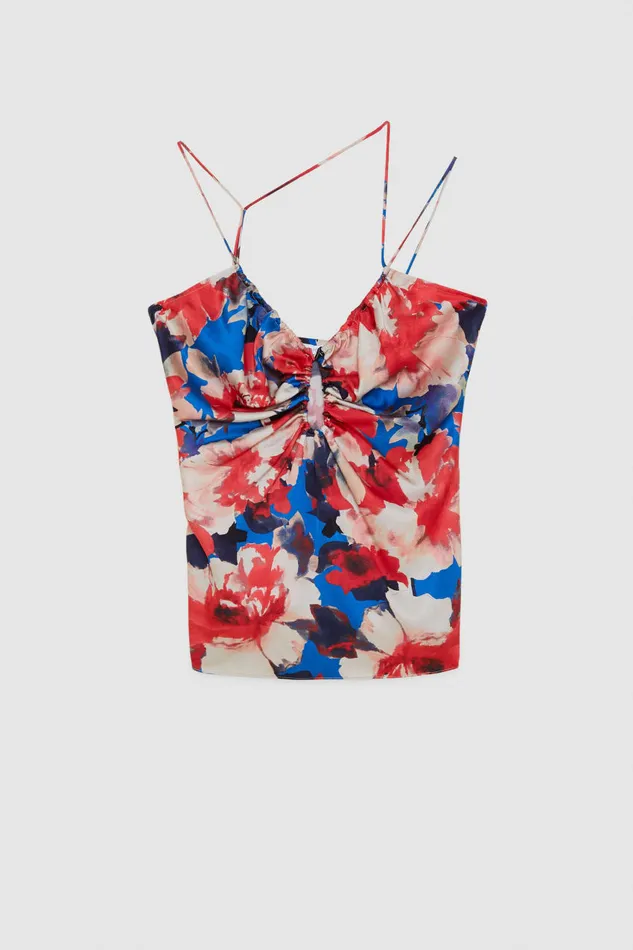 Patrizia Pepe Cutout Top With Straps In Viscose Satin Hybridroseflower Apparel Tops