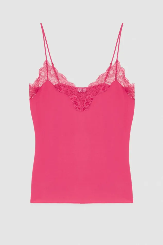 Patrizia Pepe Essential Crepe Lace Top Pink Poison Orchid Apparel Tops