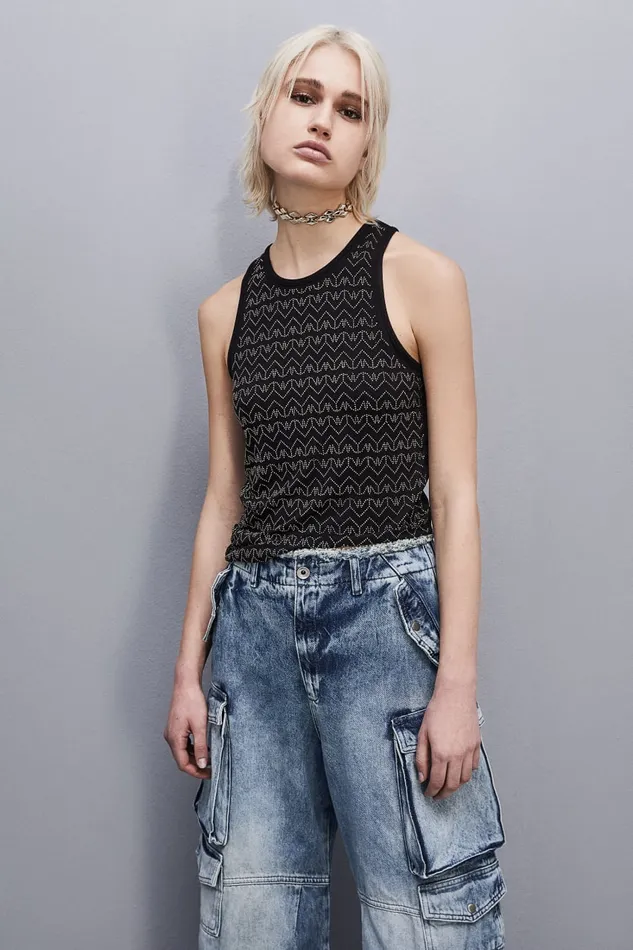 Patrizia Pepe Jersey Top With Rhinestones Black Nero Apparel Tops
