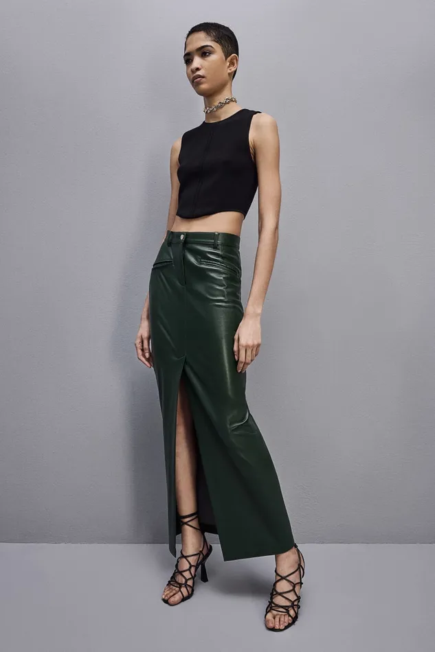 Patrizia Pepe Long Skirt In Coated Fabric Green Tuscany Green Apparel Long