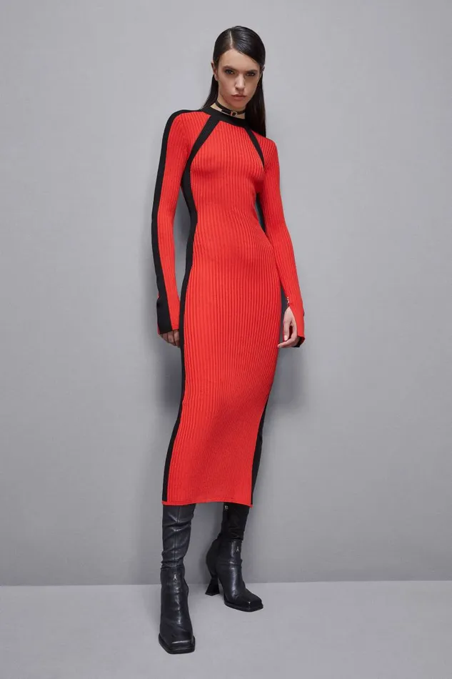 Patrizia Pepe Ribbed Viscose Blend Dress Black Glam Redandblack Apparel Long