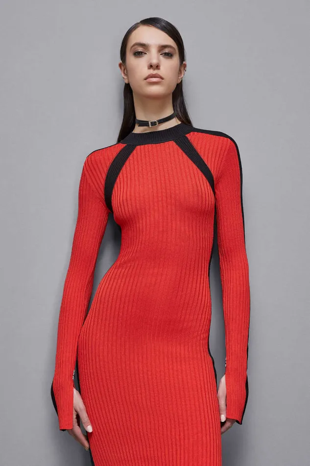 Patrizia Pepe Ribbed Viscose Blend Dress Black Glam Redandblack Apparel Long