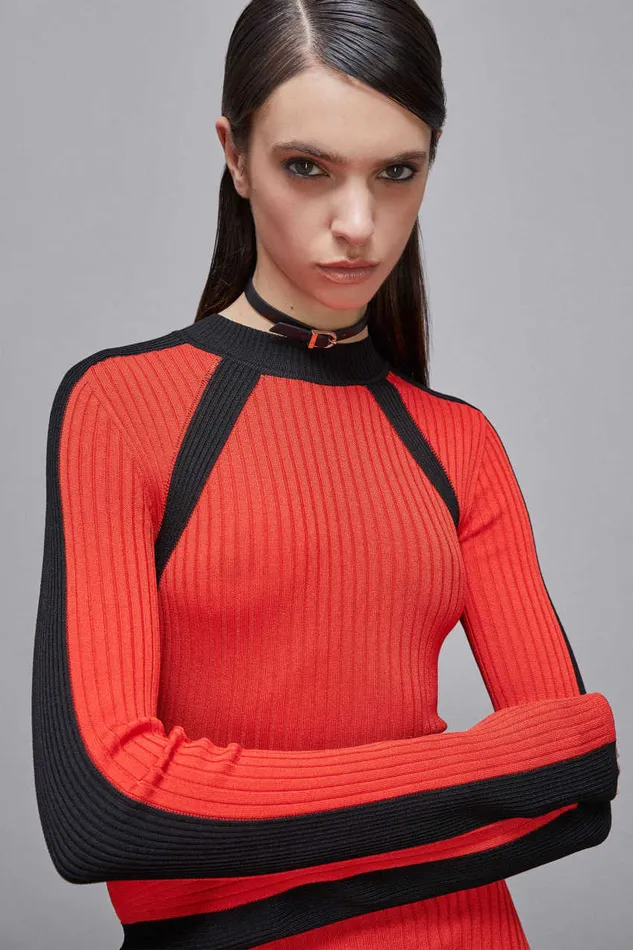 Patrizia Pepe Ribbed Viscose Blend Dress Black Glam Redandblack Apparel Long