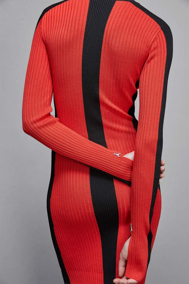 Patrizia Pepe Ribbed Viscose Blend Dress Black Glam Redandblack Apparel Long