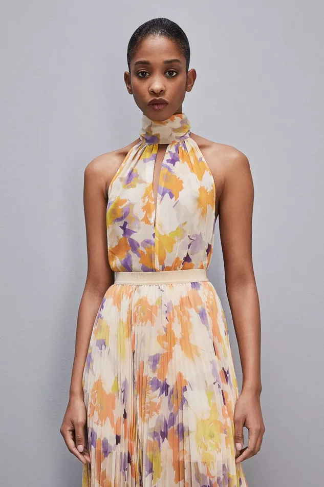 Patrizia Pepe Sleeveless Top Shirt In Viscose Crepon Orangesorbetflower Apparel Blouses