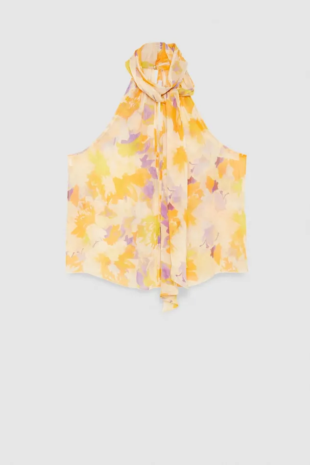 Patrizia Pepe Sleeveless Top Shirt In Viscose Crepon Orangesorbetflower Apparel Blouses