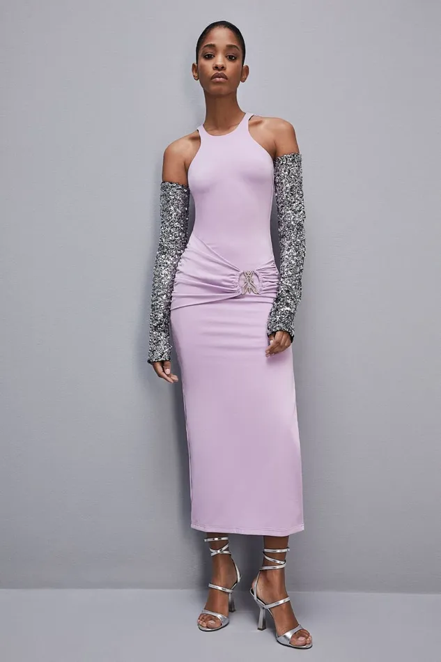 Patrizia Pepe Slim Dress In Jersey With Fly Rhinestones Purple Iris Lilac Apparel Midi