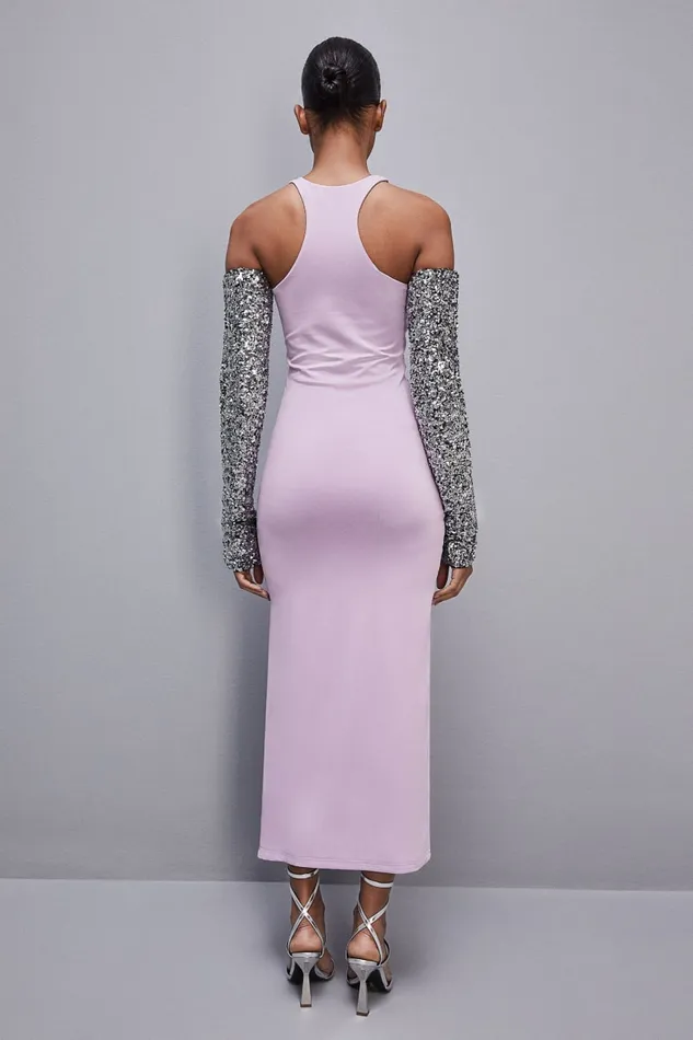 Patrizia Pepe Slim Dress In Jersey With Fly Rhinestones Purple Iris Lilac Apparel Midi