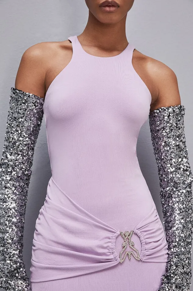 Patrizia Pepe Slim Dress In Jersey With Fly Rhinestones Purple Iris Lilac Apparel Midi