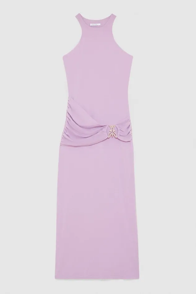 Patrizia Pepe Slim Dress In Jersey With Fly Rhinestones Purple Iris Lilac Apparel Midi