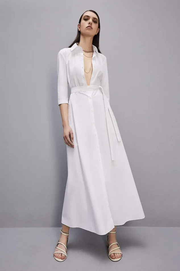 Patrizia Pepe Threequarter Sleeve Cotton Chemisier Dress White Bianco Ottico Apparel Long