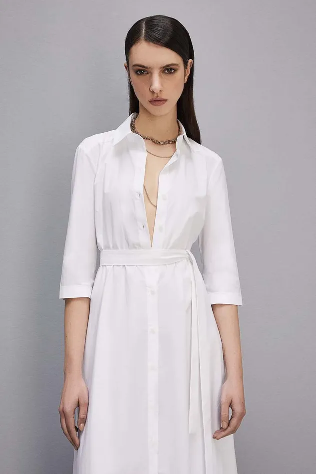 Patrizia Pepe Threequarter Sleeve Cotton Chemisier Dress White Bianco Ottico Apparel Long