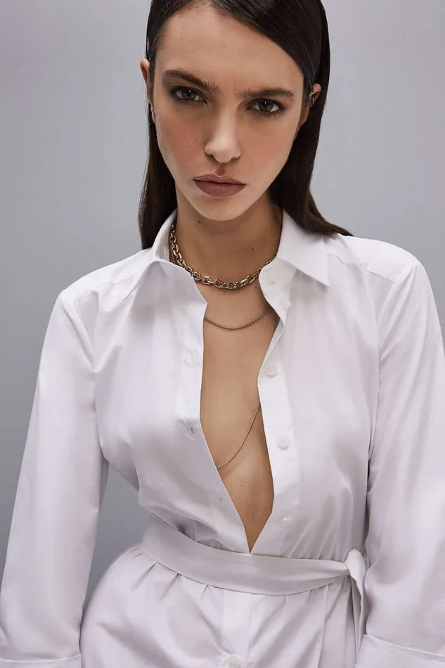 Patrizia Pepe Threequarter Sleeve Cotton Chemisier Dress White Bianco Ottico Apparel Long