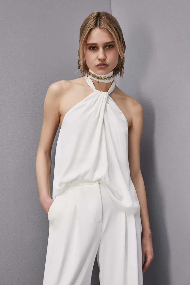Patrizia Pepe Top Shirt In Certified Viscose With Knot Neckline White Bianco Apparel Blouses