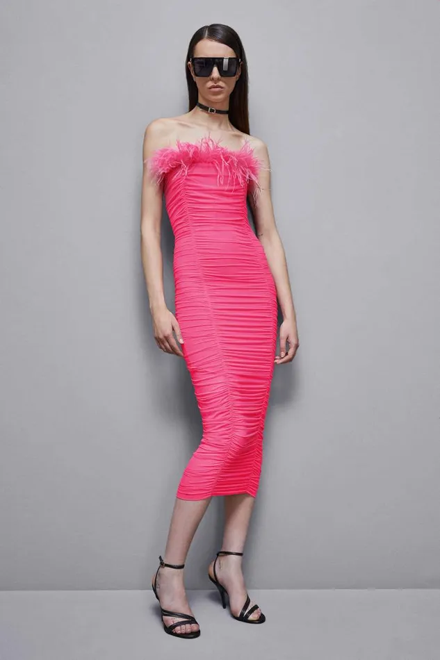 Patrizia Pepe Tulle And Jersey Midi Dress With Feathers Pink Poison Orchid Apparel Midi