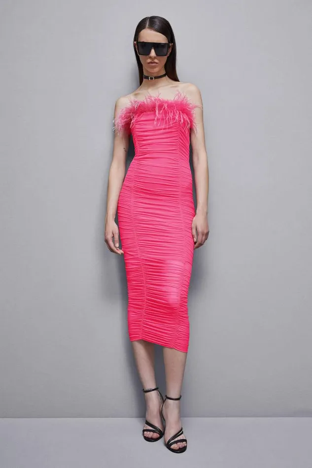 Patrizia Pepe Tulle And Jersey Midi Dress With Feathers Pink Poison Orchid Apparel Midi